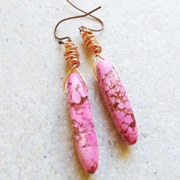 Pink & Mocha Mousse Stone Spikes + Copper Wire Earrings - Sexy Edgy Girly Hot - Picture 7 of 8